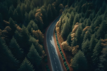 Road in a pine forest, top view from a drone. AI generative. illustration in photorealistic style.の素材