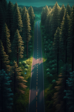 Road in a pine forest in summer, top view from a drone. AI generative. illustration in photorealistic style.の素材