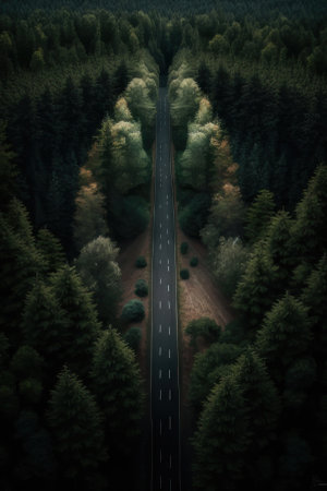 Road in the forest, top view from a drone. AI generative. illustration in photorealistic style.の素材