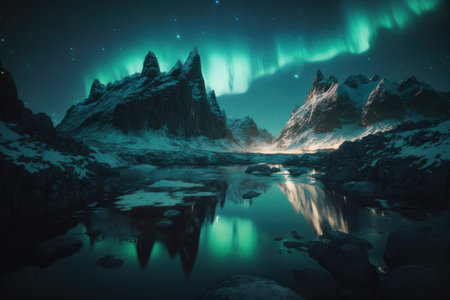 Northern lights in the snowy mountains. AI generative. illustration in photorealistic style.の素材