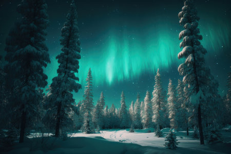 Northern lights in the forest. AI generative. illustration in photorealistic style.の素材