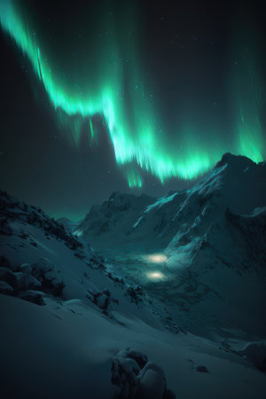 Northern lights, vertical photo. AI generative. illustration in photorealistic style.の素材