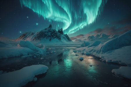 Northern lights near a pond in the snowy mountains. AI generative. illustration in photorealistic style.の素材