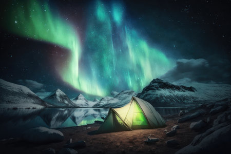 Northern lights near a lake in the mountains, in the foreground a tourist tent. AI generative. illustration in photorealistic style.の素材
