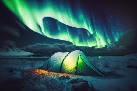Northern lights in the mountains, in the foreground a tourist tent. AI generative. illustration in photorealistic style.の素材