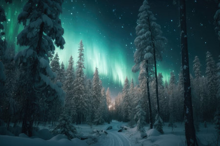 Northern lights in the snowy forest. AI generative. illustration in photorealistic style.の素材