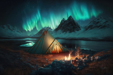 Northern lights near a lake in the mountains, in the foreground a tent and a fire. AI generative. illustration in photorealistic style.の素材