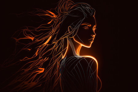 Woman, neon lines on a dark background. AI generative. Graphic style illustration.の素材