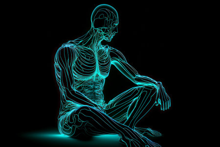 Meditation. A man in a meditation pose, neon lines on a dark background. AI generative. Graphic style illustration.の素材