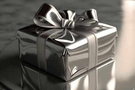 Silver gift in a liquid metal package on a silver background. AI generative. illustration in photorealistic style.の素材
