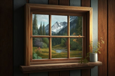 Window viewing nature. AI generative. illustration in photorealistic style.の素材