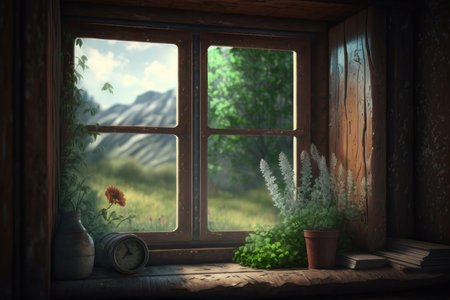 Rustic window with mountain view. AI generative. illustration in photorealistic style.の素材