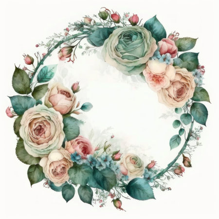 Watercolor round frame of pink roses. AI generative. illustration in watercolor drawing style.の素材