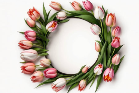 Round frame of tulips. AI generative. illustration in photorealistic style.の素材