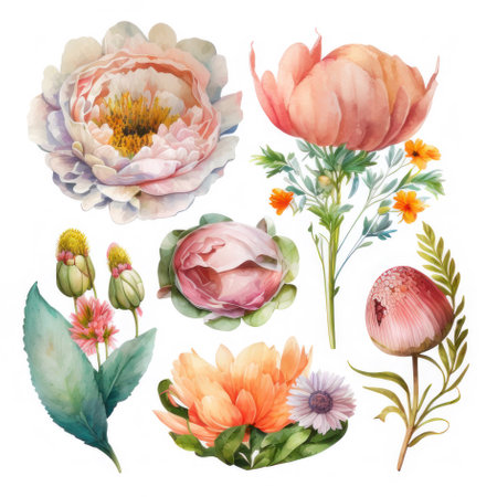 Watercolor set of peonies, isolated on a white background. AI generative. Illustration in watercolor drawing style.の素材