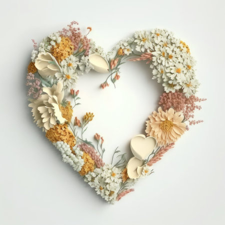 Frame in the shape of a heart and flowers and petals on a white background. AI generative. illustration in photorealistic style.の素材