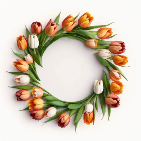 Round frame of tulips on a white background. AI generative. illustration in photorealistic style.の素材