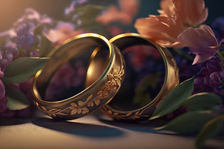 Wedding rings on a background of flowers. AI generative. illustration in photorealistic style.の素材