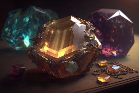 Gemstones are yellow, purple and blue. AI generative. illustration in photorealistic style.の素材