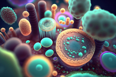 Bacteria of different colors under a microscope. AI generative. illustration in photorealistic style.の素材