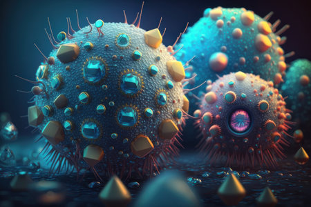 Viruses of different colors, view through a microscope. AI generative. illustration in photorealistic style.の素材