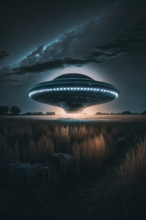 Flying saucer over the field at night, vertical illustration. AI generative. illustration in photorealistic style.の素材