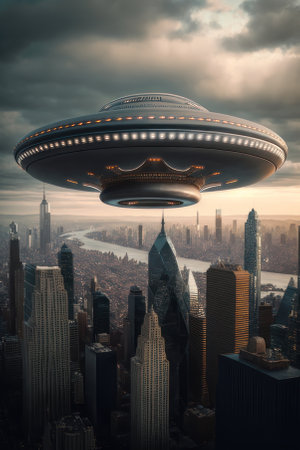 Flying saucer over a big city, vertical illustration. AI generative. illustration in photorealistic style.の素材