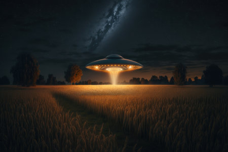 A flying saucer shines a beam over a field at night. AI generative. illustration in photorealistic style.の素材