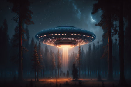 A flying saucer shines a beam in the forest at night. AI generative. illustration in photorealistic style.の素材