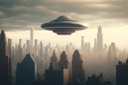 Flying saucer over the city. AI generative. illustration in photorealistic style.の素材