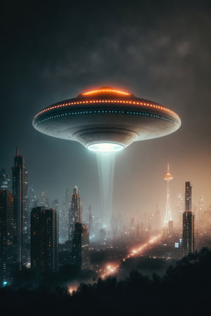 Flying saucer shines a beam over the city at night, vertical illustration. AI generative. illustration in photorealistic style.の素材
