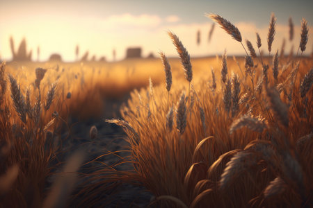 Wheat field in autumn. AI generative. illustration in photorealistic style.の素材