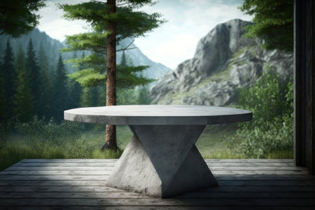Background, showcase for goods. Concrete table on the background of the forest and mountains. AI generative. illustration in photorealistic style.の素材