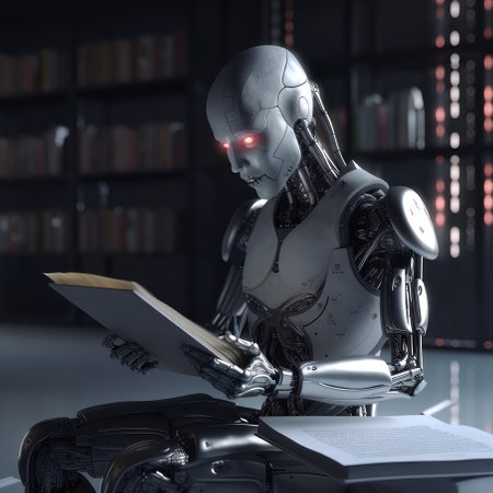 The robot reads documents. AI generative. illustration in photorealistic style.の素材