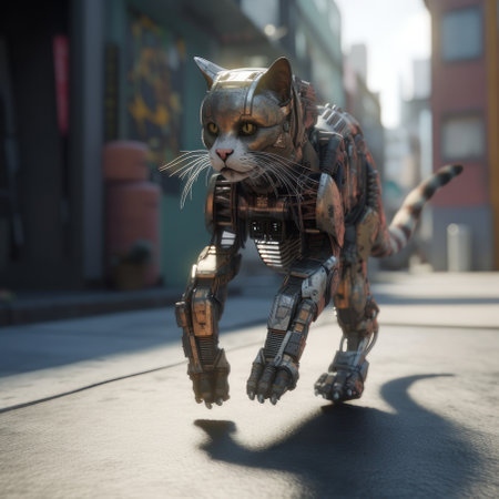 Robot cat runs around the city. AI generative. illustration in photorealistic style.の素材