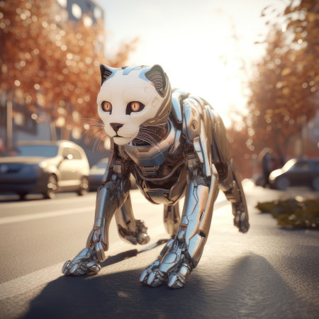 Robot cat runs down the street. AI generative. illustration in photorealistic style.の素材