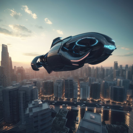 Flying car of the future. AI generative. illustration in photorealistic style.の素材