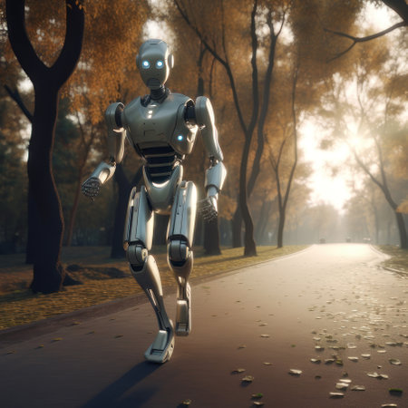 The robot runs through the park. AI generative. illustration in photorealistic style.の素材