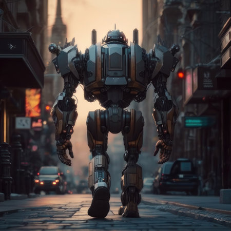The robot walks along the road in the city in the evening. AI generative. illustration in photorealistic style.の素材