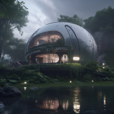 House of the future by the pond, futuristic architecture. AI generative. illustration in photorealistic style.の素材