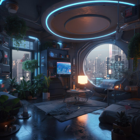 Room of the future with a round window. AI generative. illustration in photorealistic style.の素材