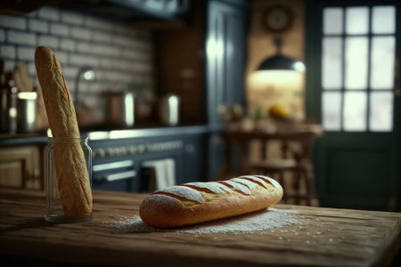 Baguette on the table. AI generative. illustration in photorealistic style.の素材