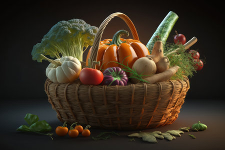 Vegetable basket on a dark background. AI generative. illustration in photorealistic style.の素材