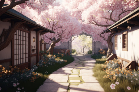 Path to the cherry blossom garden. AI generative. illustration in photorealistic style.の素材