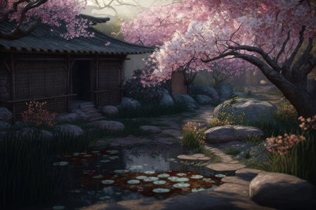 Beautiful garden with sakura. AI generative. illustration in photorealistic style.の素材