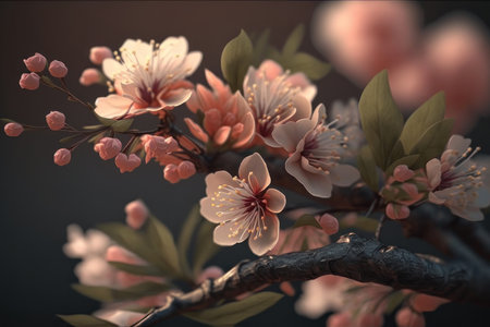 Branch of blossoming sakura close-up. AI generative. illustration in photorealistic style.の素材