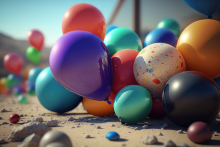 Balloons and confetti on the ground. AI generative. illustration in photorealistic style.の素材