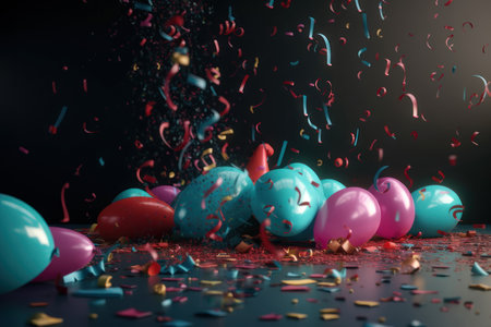 Balloons and confetti on the floor on a black background. AI generative. illustration in photorealistic style.の素材