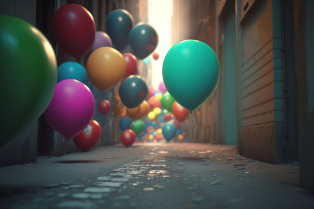 Balloons and confetti fly around the city. AI generative. illustration in photorealistic style.の素材