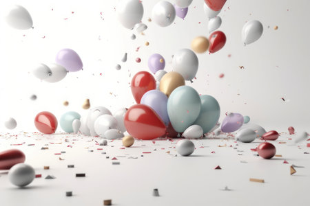 Colored balloons and colored confetti on a white background. AI generative. illustration in photorealistic style.の素材